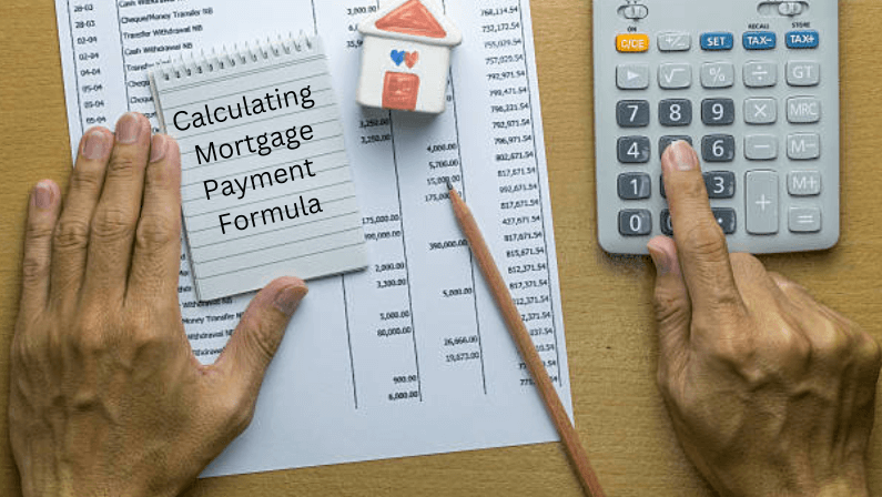 a man using a calculator to calculate the mortgage payment with a formula