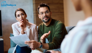 Canadian couple chatting about private mortgage lender options