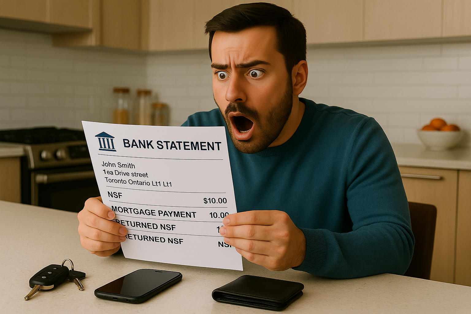 Homeowner reading bank statement showing non-sufficient funds