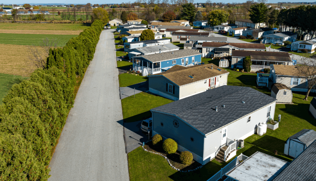 Aerial view of modular homes on leased land in Ontario