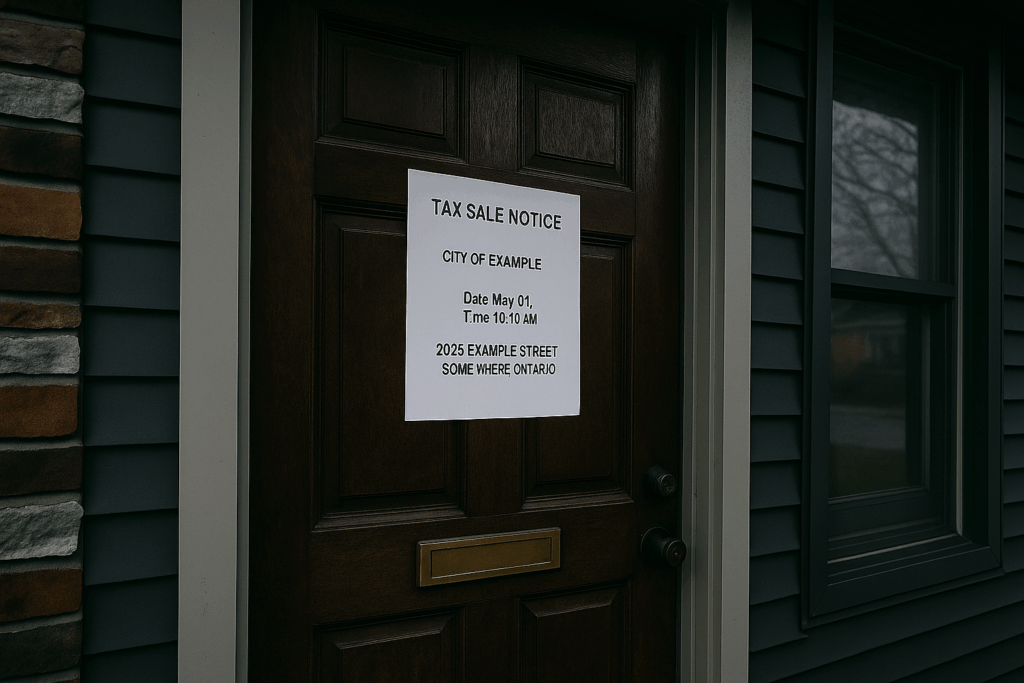 Tax sale notice on a homeowners door in Ontario
