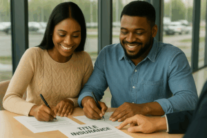 Lawyer reviewing title insurance with first-time homebuyer