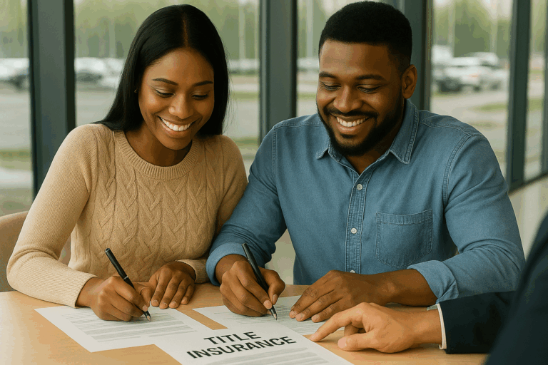 Lawyer reviewing title insurance with first-time homebuyer