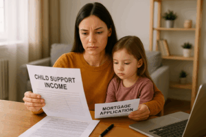 Mother reviewing child and spousal support income documents for mortgage approval
