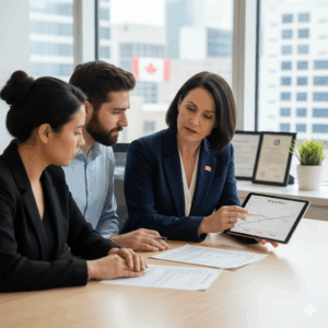 Mortgage broker explaining skip a mortgage payment to a Canadian family