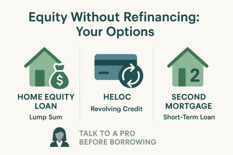 Simple infographic showing Canadian homeowners options to access equity without refinancing: home equity loan, HELOC, second mortgage.