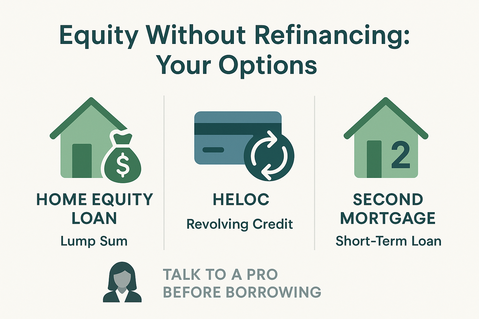 Simple infographic showing Canadian homeowners options to access equity without refinancing: home equity loan, HELOC, second mortgage.