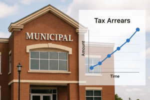 Municipal building with a graph highlighting increase in delinquent property taxes