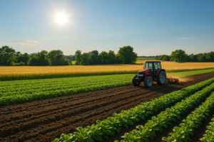 A sunny agricultural field in Ontario with a red tractor working the land, representing the value of rural property for land equity loans.