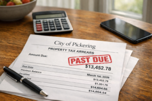 Property tax arrears in Pickering past due notice on a home table