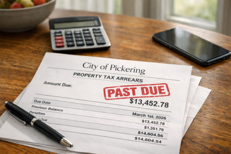 Property tax arrears in Pickering past due notice on a home table