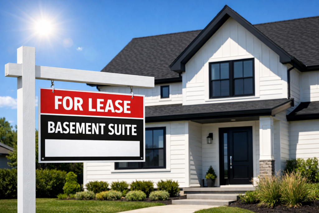 Sign outside of a home with a basement apartment for lease in Ontario