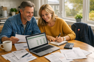 Couple reviewing household expenses and creating a budget to save on bills in Canada