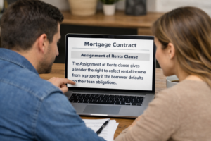 Homeowners reviewing private lender contract with assignment of rents