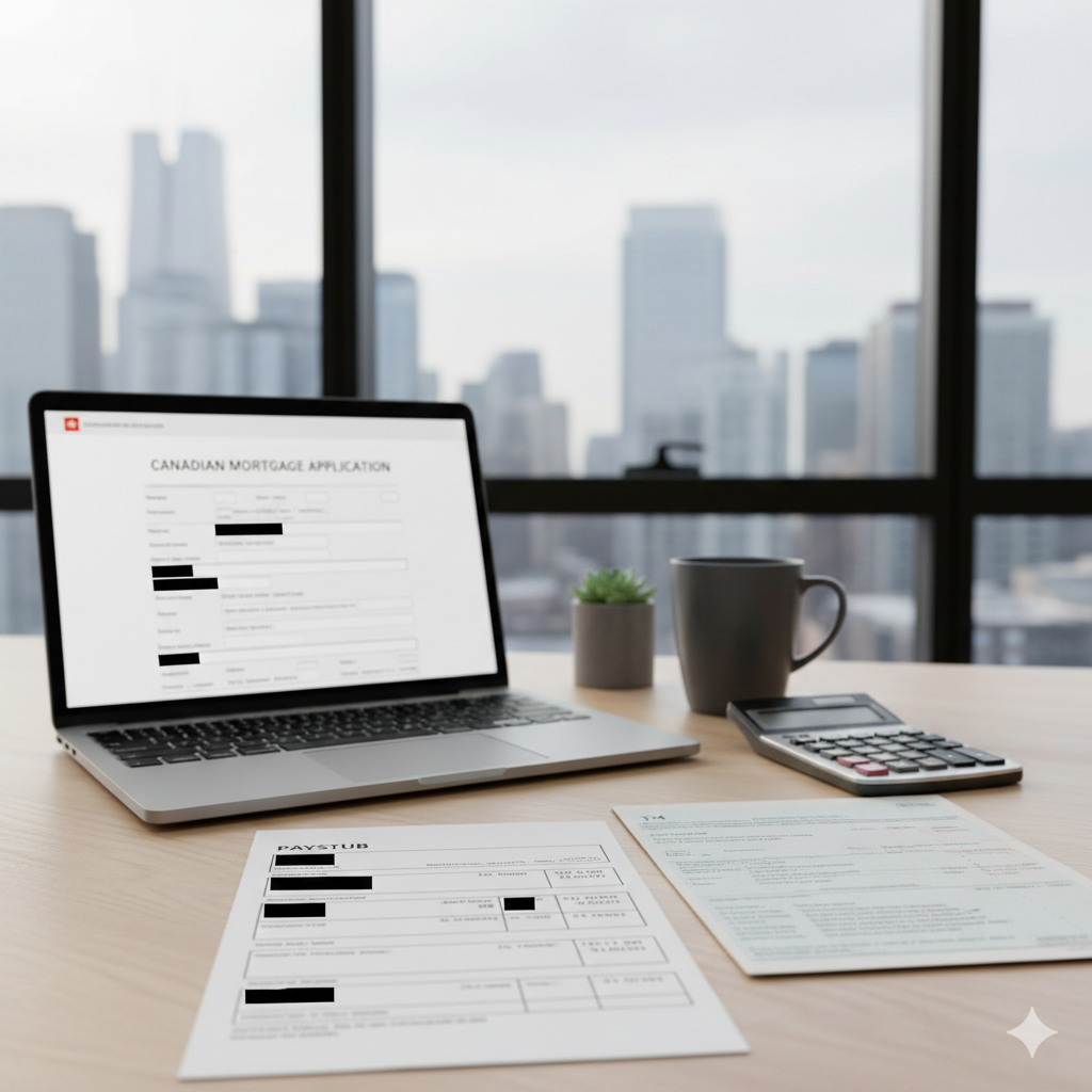 Recent paystubs laid out on a desk for a mortgage application