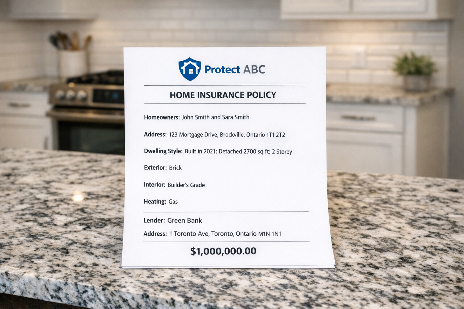 Home insurance policy on a kitchen table in Ontario