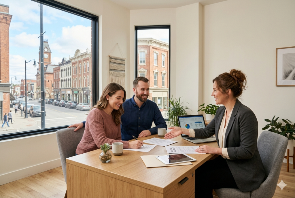 A professional mortgage broker in Belleville reviewing home financing options with a couple, representing Lendtoday mortgage brokers Belleville homeowners turn to for smarter mortgage strategies.