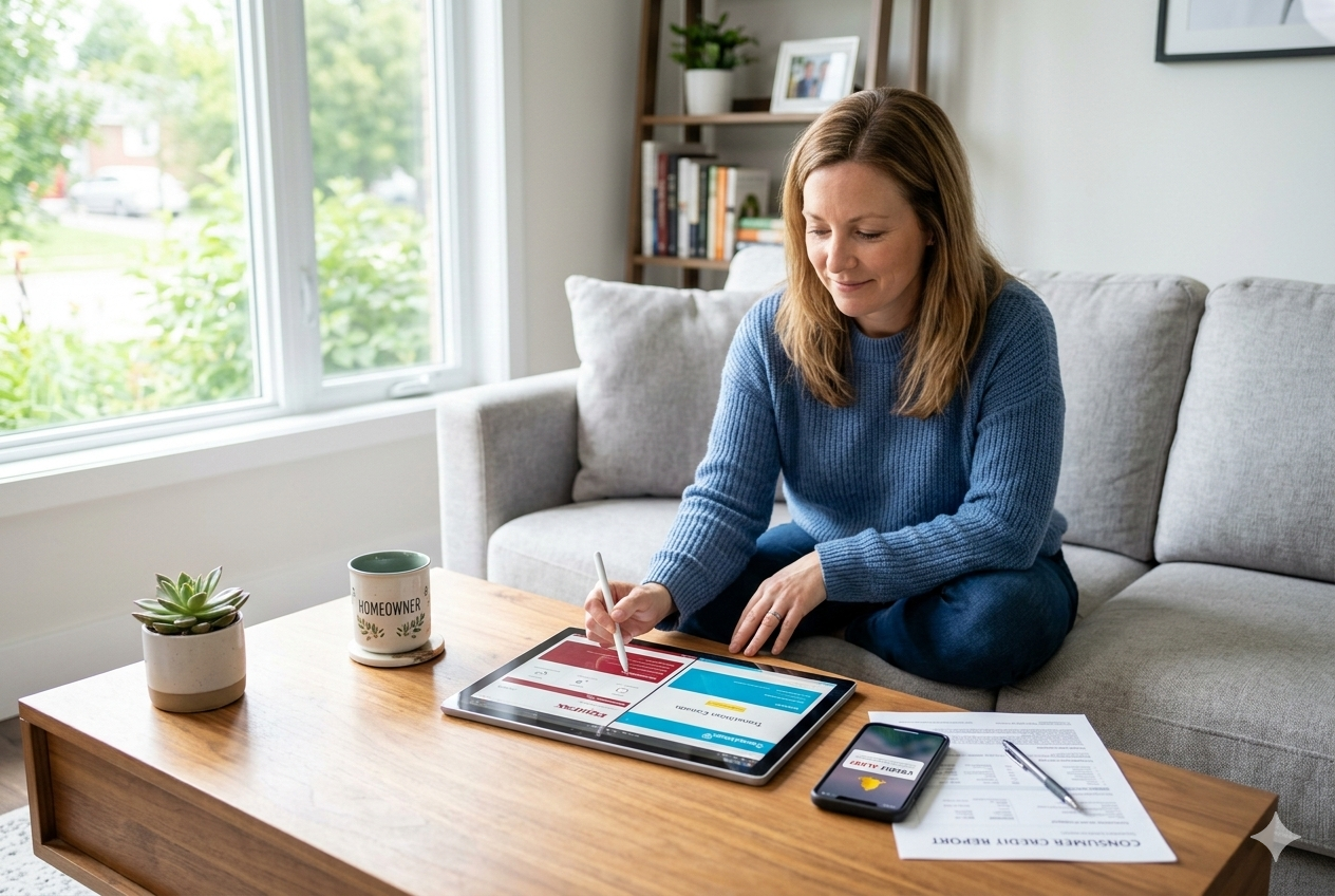 Homeowner reviewing ways to repair their credit score online