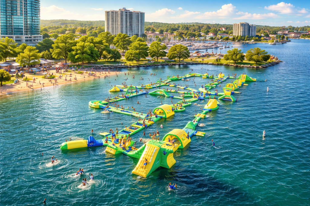 Aerial view of Barrie's Kempenfelt Bay waterfront in summer, featuring the popular inflatable water park, sandy beach, marina, and downtown skyline — the thriving community that Mortgage Brokers Barrie helps families call home.