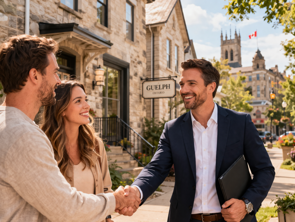 Mortgage brokers Guelph – broker shaking hands with a couple on a sunny day in downtown Guelph, Ontario.