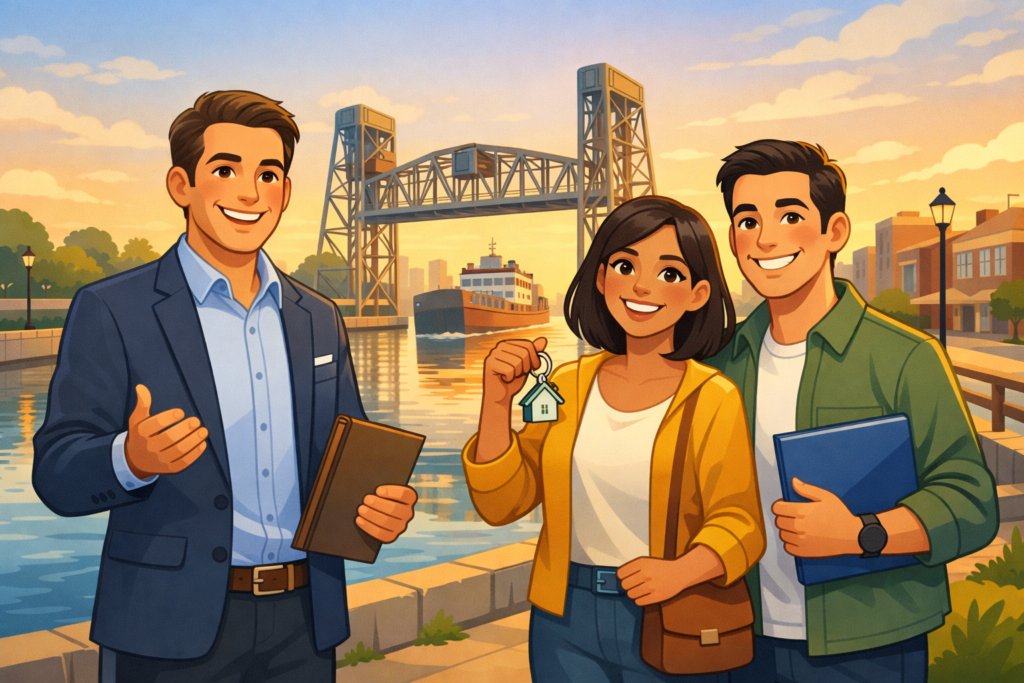 Illustrated scene of a professional mortgage broker guiding first-time homebuyers in Welland, Ontario, with the iconic canal bridge in the background — showcasing local mortgage brokers Welland residents trust for home financing and approvals.
