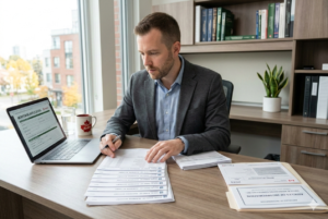 Self employed borrower reviewing bank statements for stated income mortgage