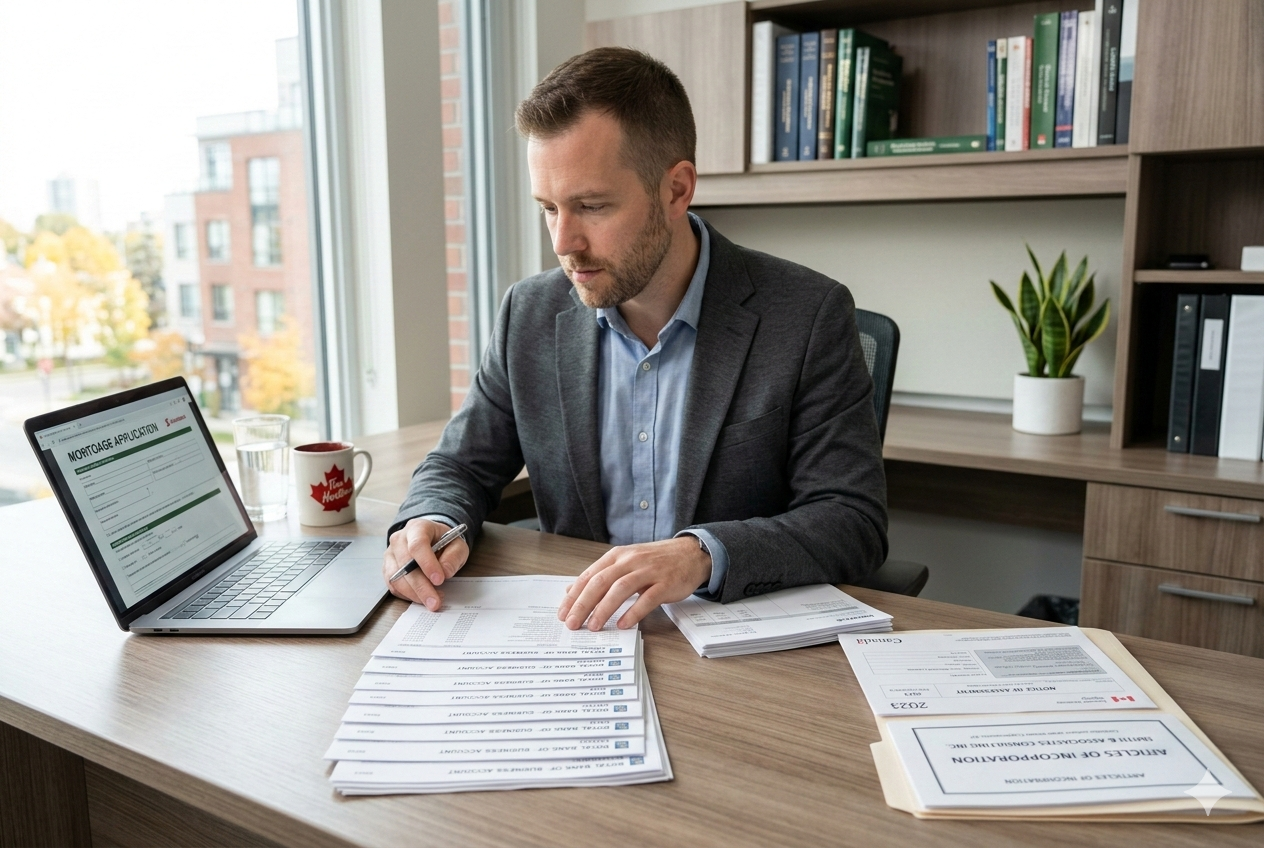 Self employed borrower reviewing bank statements for stated income mortgage