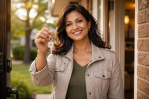 Canadian homwoner standing outside their new home with a key and thankful they qualified with subprime mortgage lender.