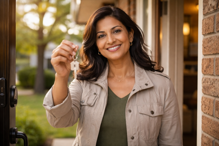 Canadian homwoner standing outside their new home with a key and thankful they qualified with subprime mortgage lender.