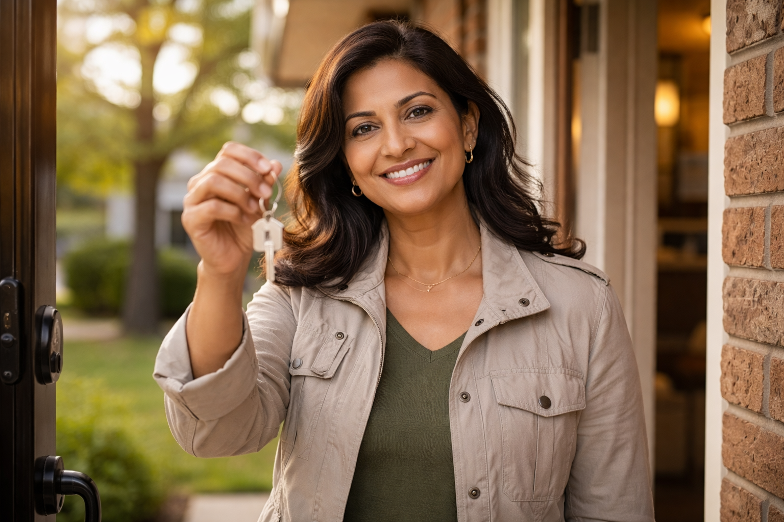 Canadian homwoner standing outside their new home with a key and thankful they qualified with subprime mortgage lender.