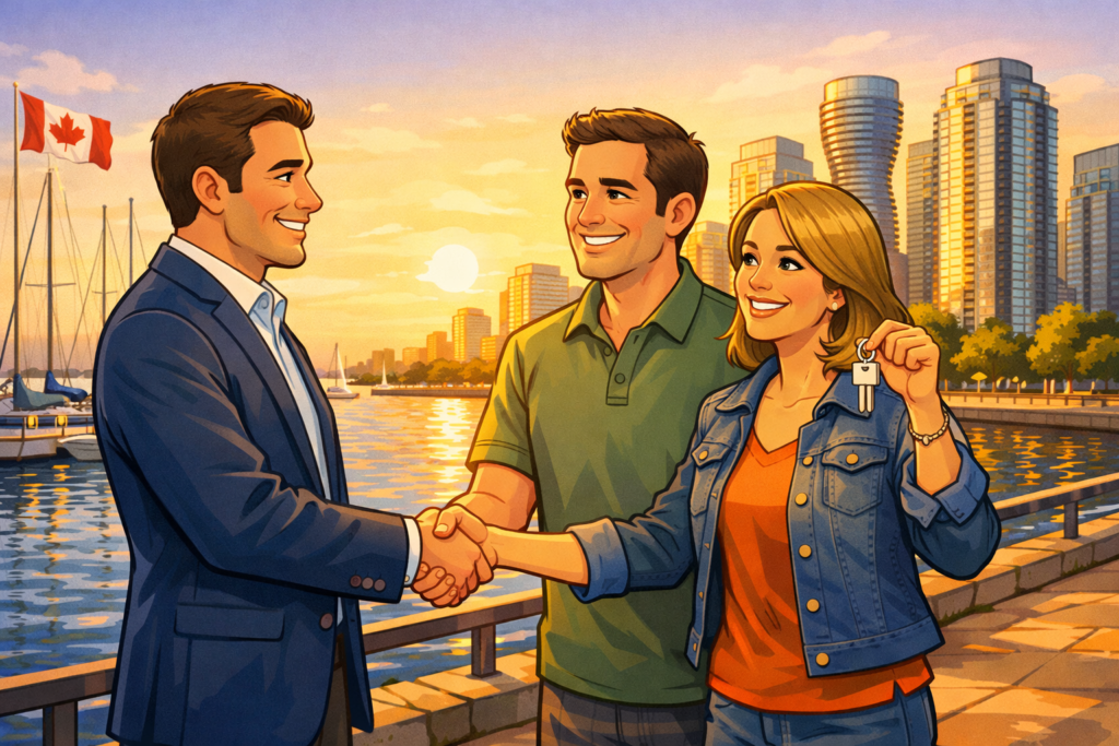 Mortgage brokers Mississauga in a navy suit shakes hands with a happy couple along the Port Credit waterfront in Mississauga, Ontario, with Lake Ontario and modern condo towers visible in the background.