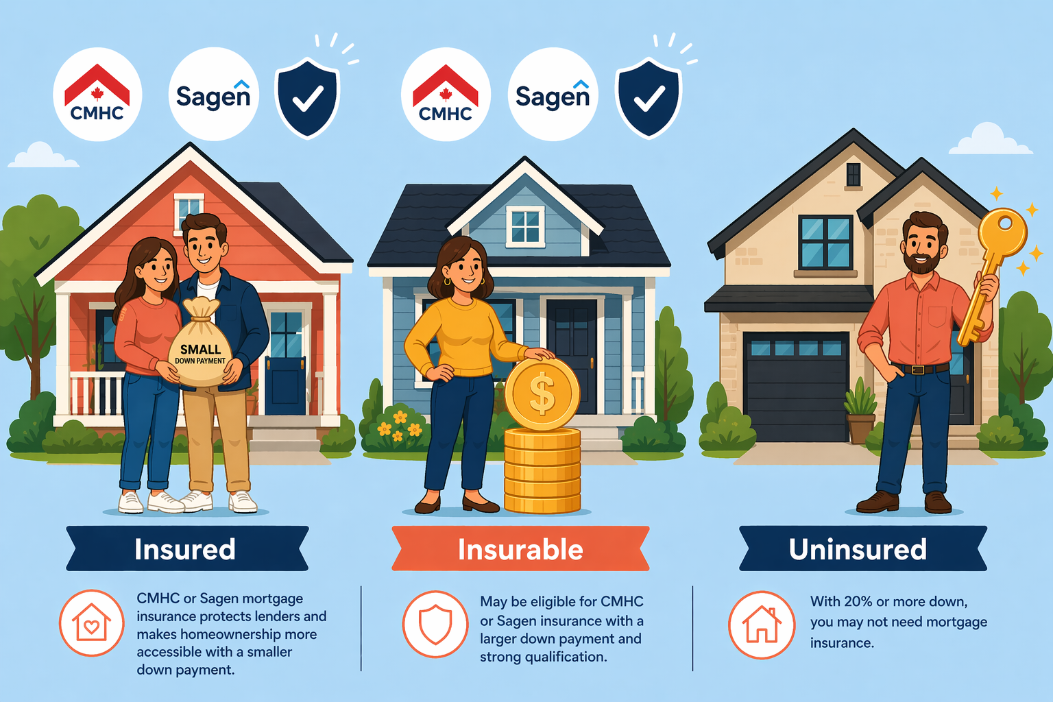 Infographic comparing insured mortgage, uninsured mortgage, and insurable mortgage categories in Canada