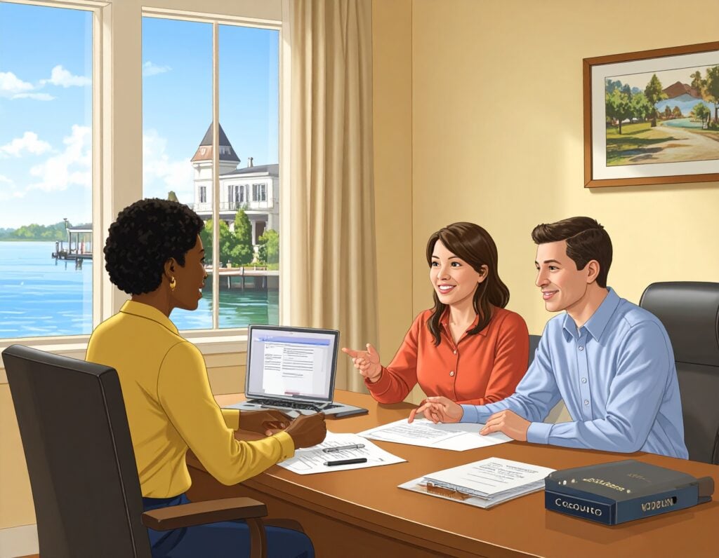 Mortgage brokers Cobourg: a female broker and young couple review home financing options together in a modern office with a scenic Cobourg waterfront visible in the background.