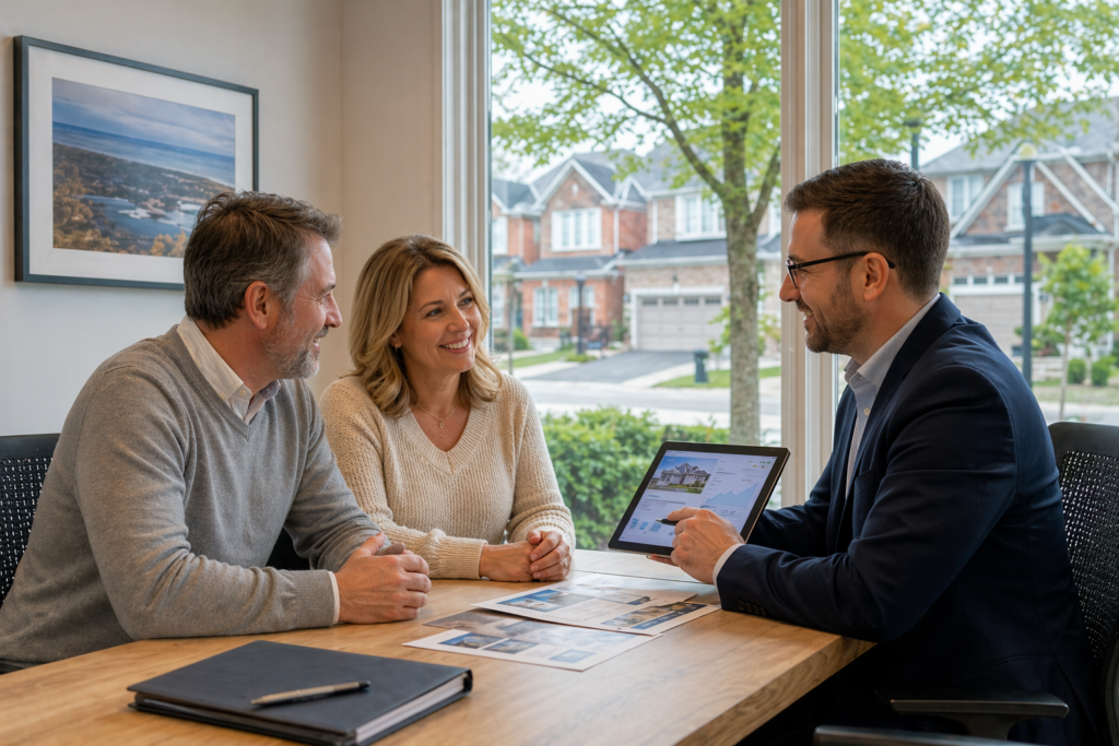 Mortgage brokers Whitby reviewing home equity options with a couple in a professional office setting