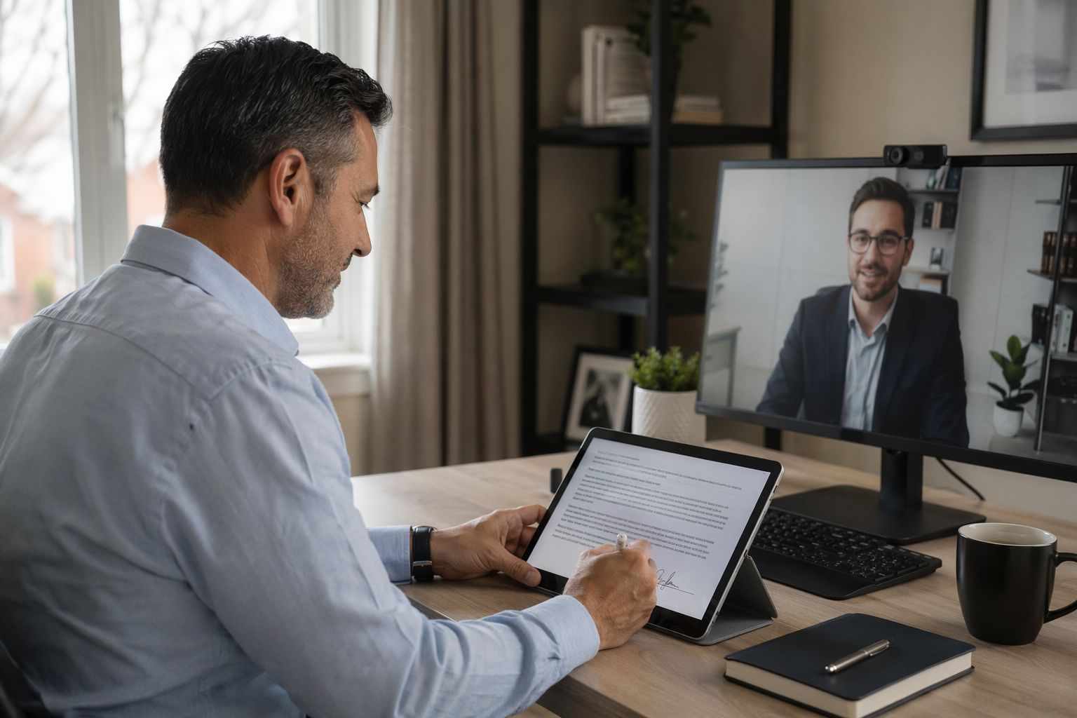 An online mortgage broker in Ontario reviewing mortgage documents with a client during a virtual video call