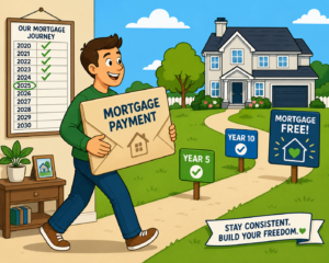 Cartoon homeowner carrying a mortgage payment envelope past year milestones on the path to pay off your mortgage faster
