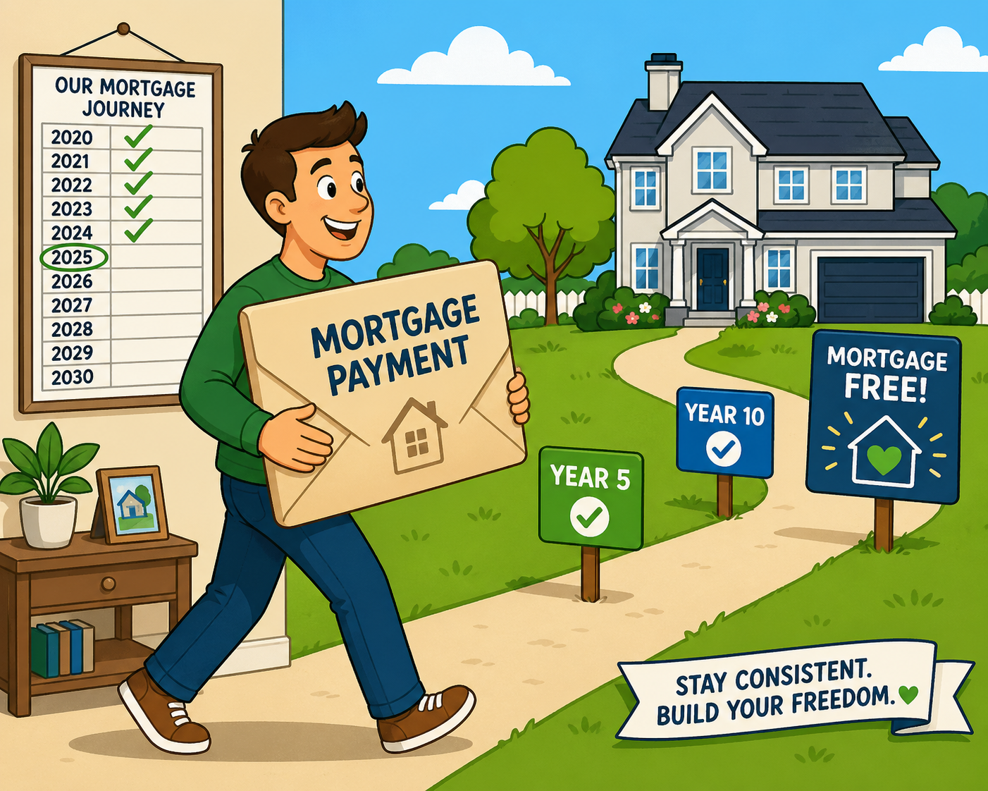 Cartoon homeowner carrying a mortgage payment envelope past year milestones on the path to pay off your mortgage faster