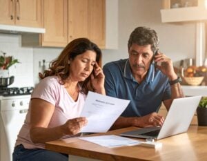 Canadian homeowner reviewing missed payments before foreclosure notices at kitchen table