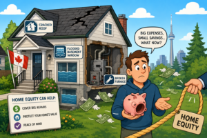 Cartoon illustration of homeowner with no emergency funds for home expenses facing repair costs