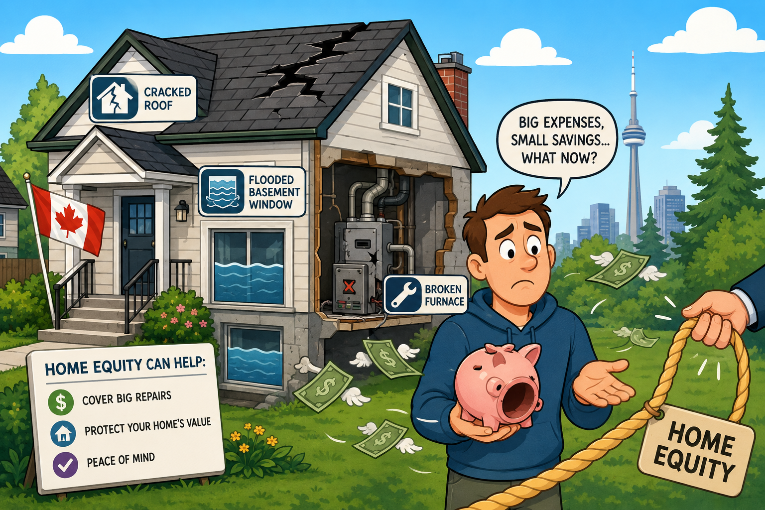 Cartoon illustration of homeowner with no emergency funds for home expenses facing repair costs