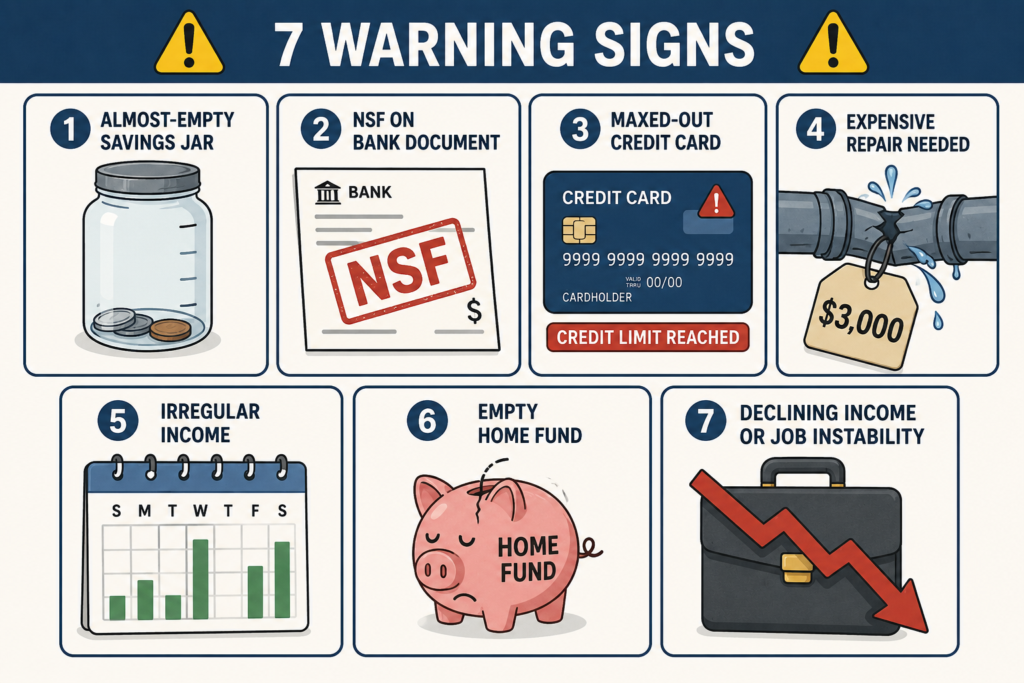 Illustrated checklist of warning signs showing lack of emergency funds for home expenses - equity
