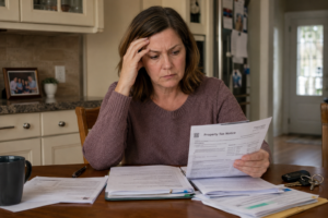 Woman reviewing estate tax sale documents at home in Ontario