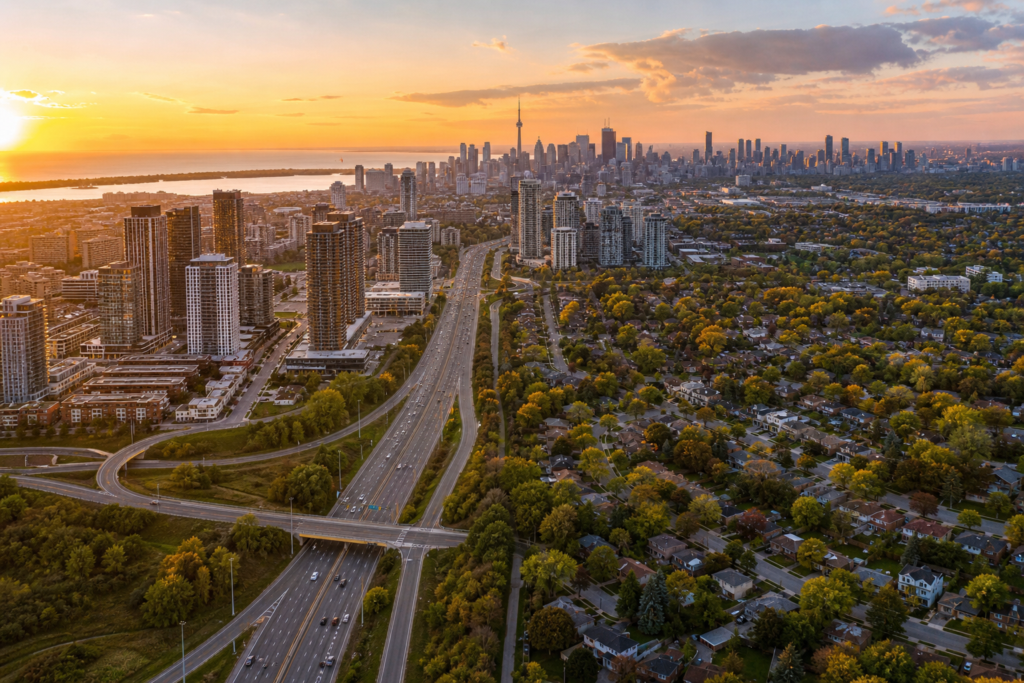Mortgage Brokers GTA - aerial view of the Greater Toronto Area skyline and residential neighbourhoods at golden hour