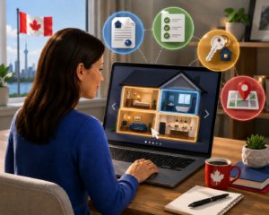 Flat illustration of a buyer checking out virtual home tours on a laptop with mortgage and real estate icons