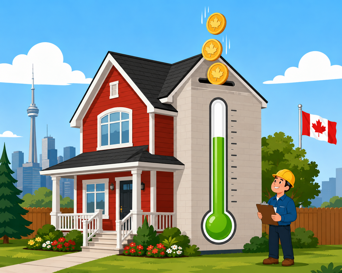 Flat design cartoon showing HELOC repayment and home equity growth
