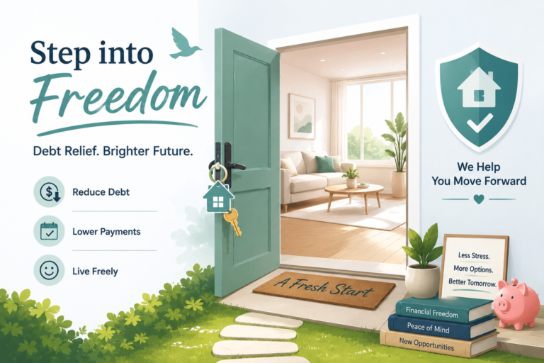 Cartoon home illustrating keep your house during a consumer proposal with debt protection and an open door to financial relief