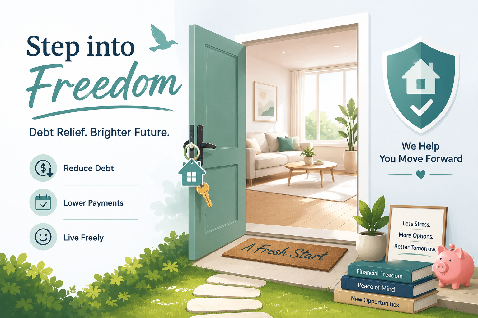 Cartoon home illustrating keep your house during a consumer proposal with debt protection and an open door to financial relief