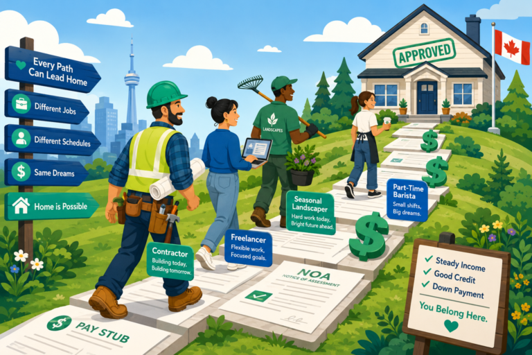Cartoon of Canadian workers with non-traditional income on the path to mortgage approval