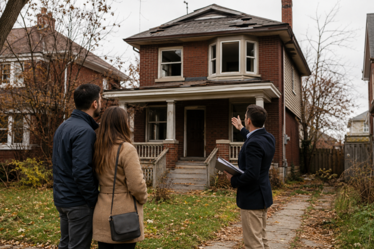 Buyers inspecting a distressed suburban home during a foreclosed home purchase in Ontario