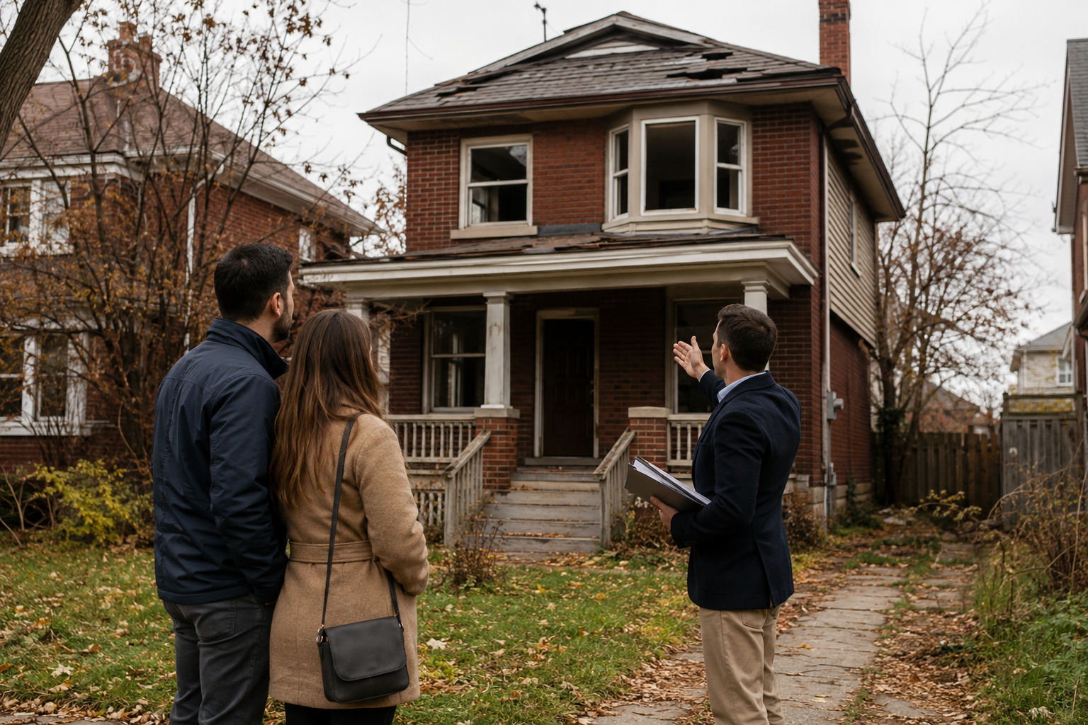 Buyers inspecting a distressed suburban home during a foreclosed home purchase in Ontario